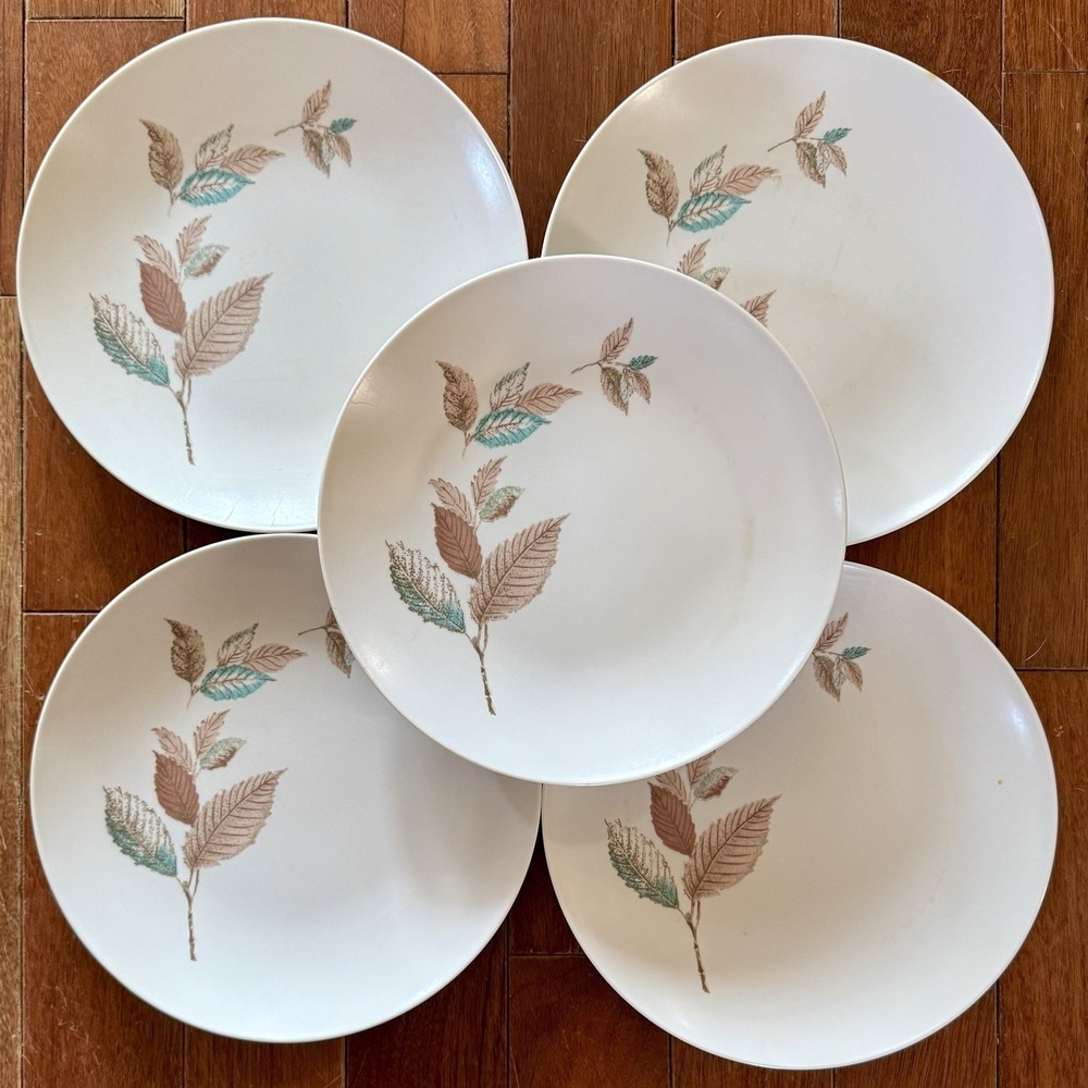 5pc VTG 50s MCM Melmac Beverly Prolon 7400 Dinner Plate 10" Brown Turquoise Leaf